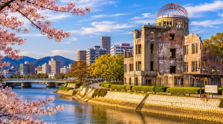 Luxury Hiroshima cityscape featuring the Hiroshima Peace Memorial (Atomic Bomb Dome), a tranquil riverside, blooming cherry blossom trees, modern skyline, and crystal-clear blue skies in bright daylight. No people.