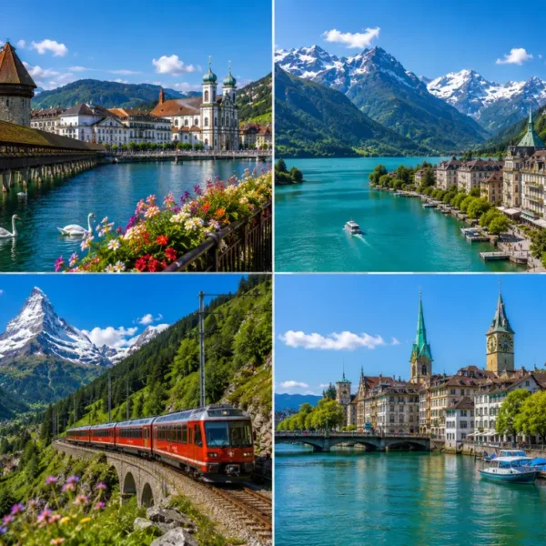 Swiss travel collage showing Lucerne, Interlaken, Zermatt train scenery, Zurich riverfront, lakes, mountains, and alpine towns.