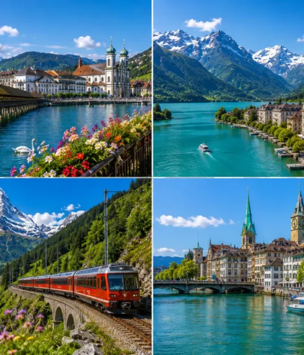 Swiss travel collage showing Lucerne, Interlaken, Zermatt train scenery, Zurich riverfront, lakes, mountains, and alpine towns.