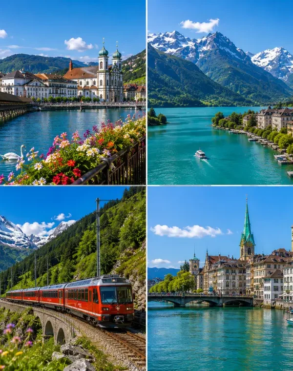 Swiss travel collage showing Lucerne, Interlaken, Zermatt train scenery, Zurich riverfront, lakes, mountains, and alpine towns.