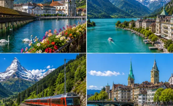 Swiss travel collage showing Lucerne, Interlaken, Zermatt train scenery, Zurich riverfront, lakes, mountains, and alpine towns.