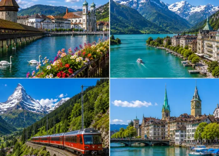Swiss travel collage showing Lucerne, Interlaken, Zermatt train scenery, Zurich riverfront, lakes, mountains, and alpine towns.