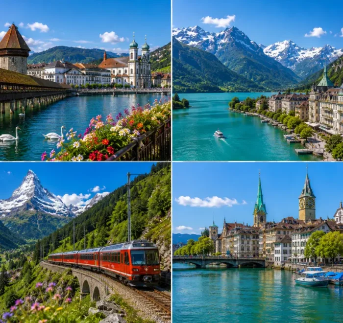 Swiss travel collage showing Lucerne, Interlaken, Zermatt train scenery, Zurich riverfront, lakes, mountains, and alpine towns.
