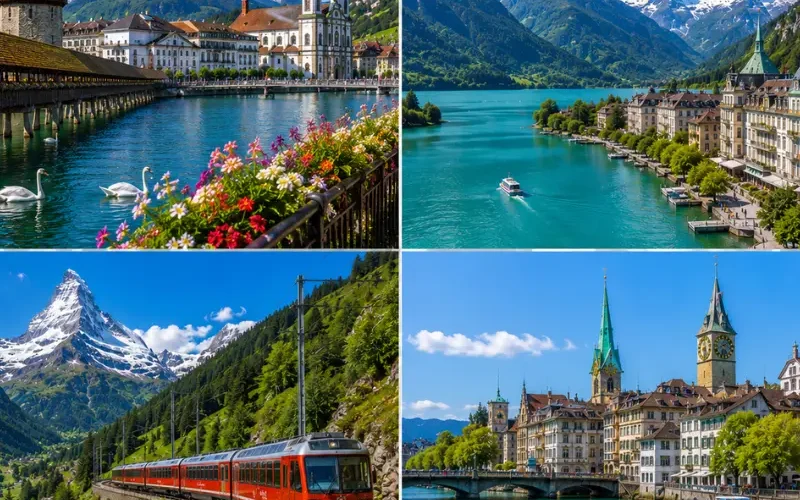 Swiss travel collage showing Lucerne, Interlaken, Zermatt train scenery, Zurich riverfront, lakes, mountains, and alpine towns.