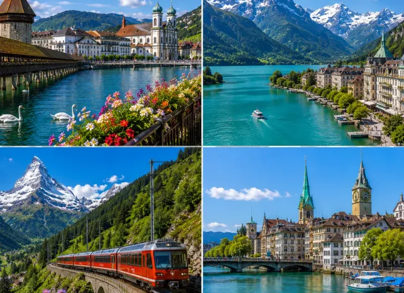 Swiss travel collage showing Lucerne, Interlaken, Zermatt train scenery, Zurich riverfront, lakes, mountains, and alpine towns.