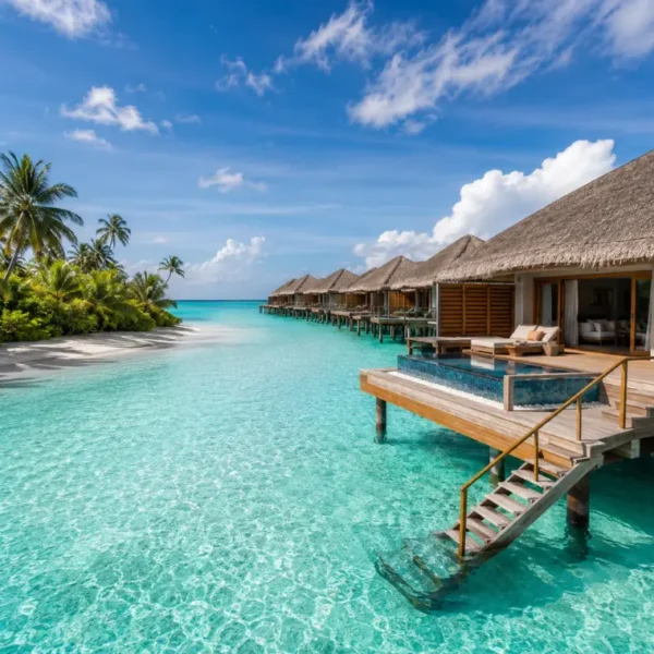 Maldives luxury water villa with private deck, turquoise lagoon, overwater pool, white beach, and palm trees.