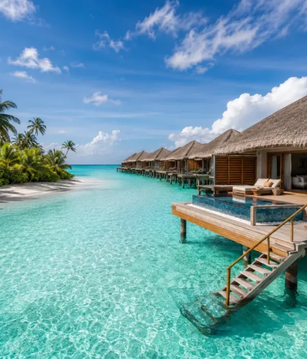 Maldives luxury water villa with private deck, turquoise lagoon, overwater pool, white beach, and palm trees.
