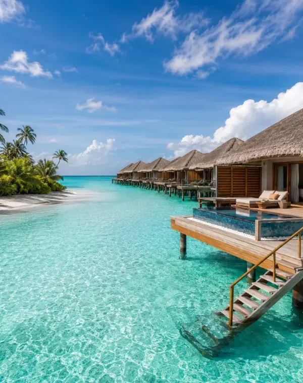 Maldives luxury water villa with private deck, turquoise lagoon, overwater pool, white beach, and palm trees.
