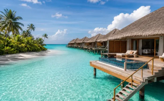 Maldives luxury water villa with private deck, turquoise lagoon, overwater pool, white beach, and palm trees.