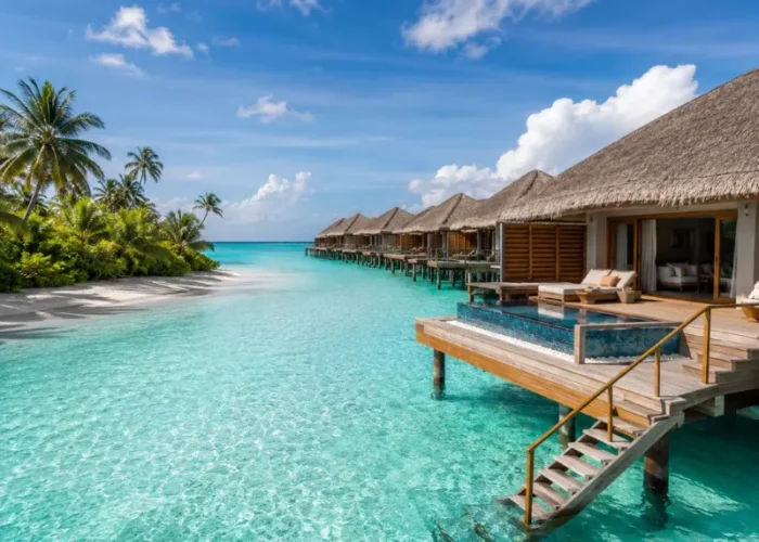 Maldives luxury water villa with private deck, turquoise lagoon, overwater pool, white beach, and palm trees.