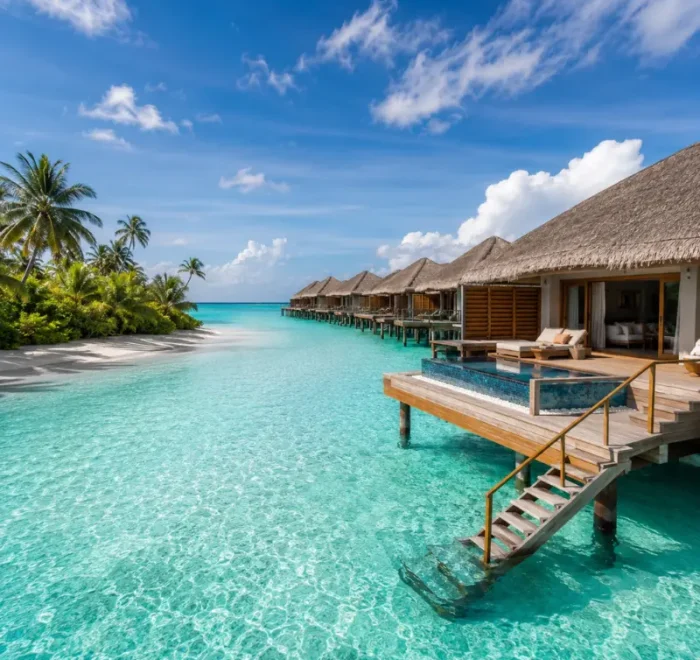 Maldives luxury water villa with private deck, turquoise lagoon, overwater pool, white beach, and palm trees.