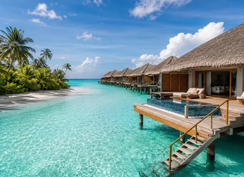 Maldives luxury water villa with private deck, turquoise lagoon, overwater pool, white beach, and palm trees.