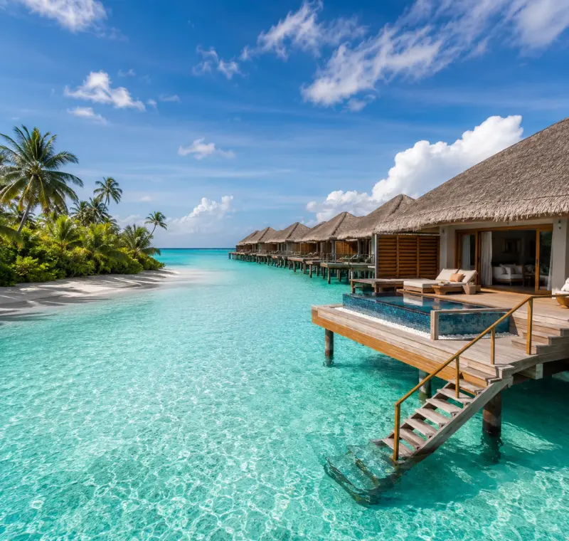 Maldives luxury water villa with private deck, turquoise lagoon, overwater pool, white beach, and palm trees.