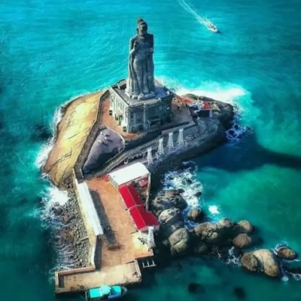 Madurai Rameswaram Kanyakumari tour image featuring the iconic Thiruvalluvar Statue surrounded by turquoise sea at Kanyakumari
