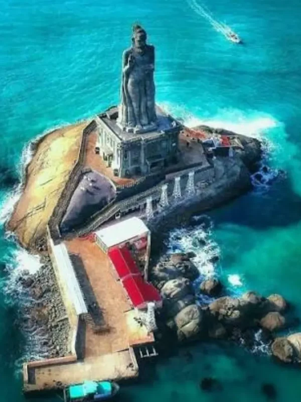 Madurai Rameswaram Kanyakumari tour image featuring the iconic Thiruvalluvar Statue surrounded by turquoise sea at Kanyakumari