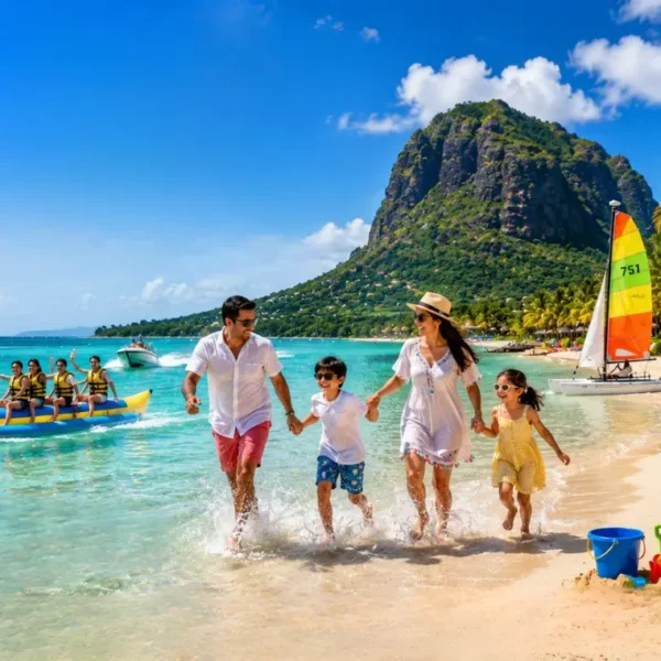 Family enjoying Mauritius beach with turquoise lagoon, water activities and Le Morne mountain in daylight