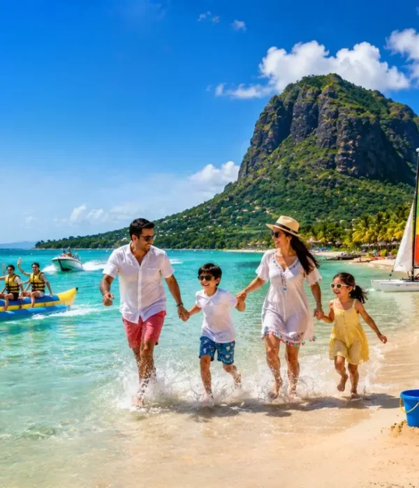 Family enjoying Mauritius beach with turquoise lagoon, water activities and Le Morne mountain in daylight