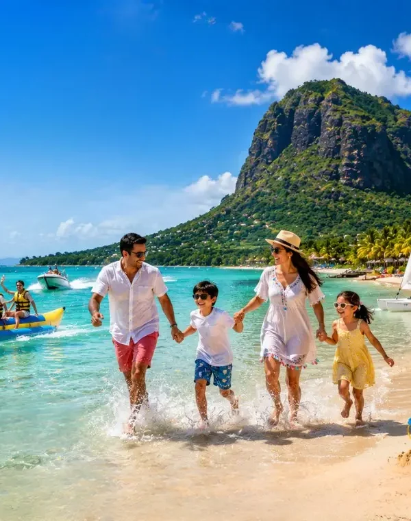 Family enjoying Mauritius beach with turquoise lagoon, water activities and Le Morne mountain in daylight