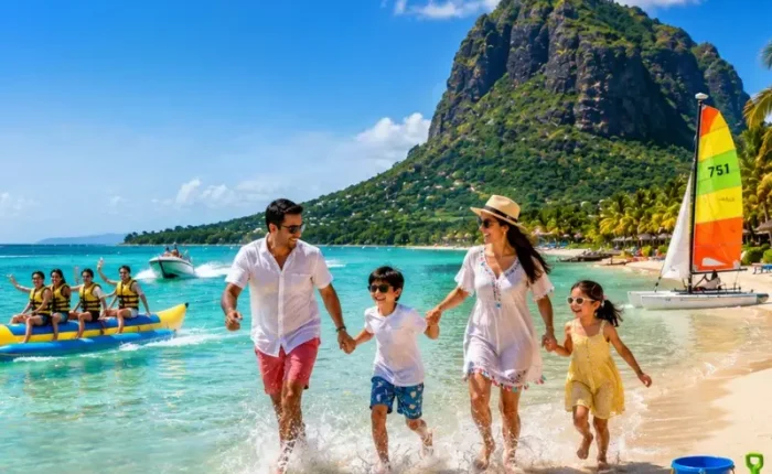 Family enjoying Mauritius beach with turquoise lagoon, water activities and Le Morne mountain in daylight