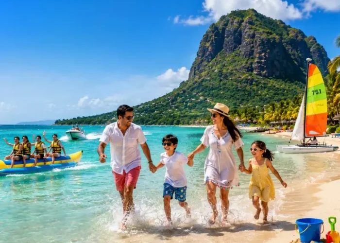 Family enjoying Mauritius beach with turquoise lagoon, water activities and Le Morne mountain in daylight