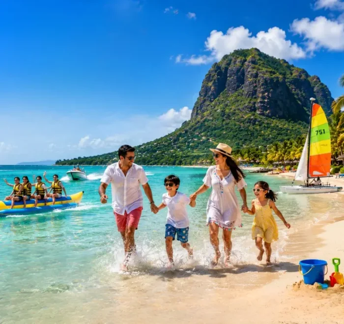 Family enjoying Mauritius beach with turquoise lagoon, water activities and Le Morne mountain in daylight