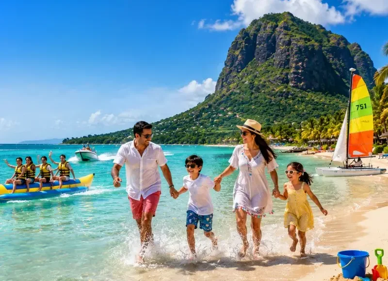 Family enjoying Mauritius beach with turquoise lagoon, water activities and Le Morne mountain in daylight
