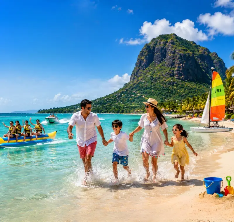 Family enjoying Mauritius beach with turquoise lagoon, water activities and Le Morne mountain in daylight