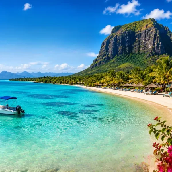 Mauritius beach with turquoise lagoon, palm-lined shoreline, luxury resort and Le Morne mountain in daylight