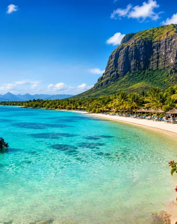 Mauritius beach with turquoise lagoon, palm-lined shoreline, luxury resort and Le Morne mountain in daylight
