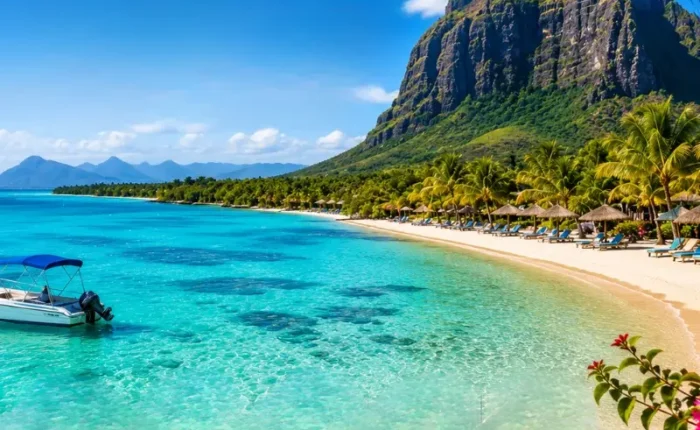 Mauritius beach with turquoise lagoon, palm-lined shoreline, luxury resort and Le Morne mountain in daylight