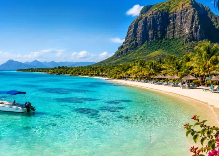 Mauritius beach with turquoise lagoon, palm-lined shoreline, luxury resort and Le Morne mountain in daylight