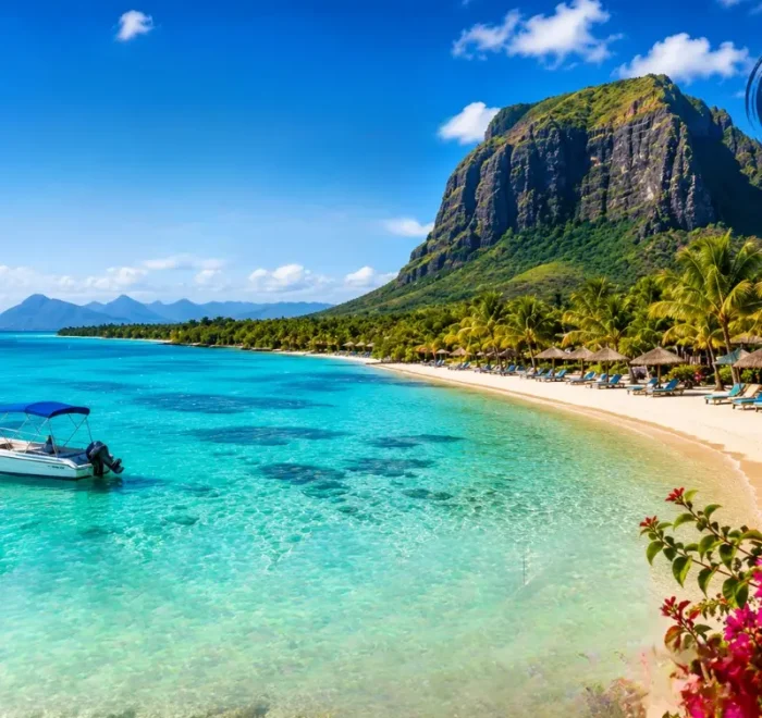 Mauritius beach with turquoise lagoon, palm-lined shoreline, luxury resort and Le Morne mountain in daylight