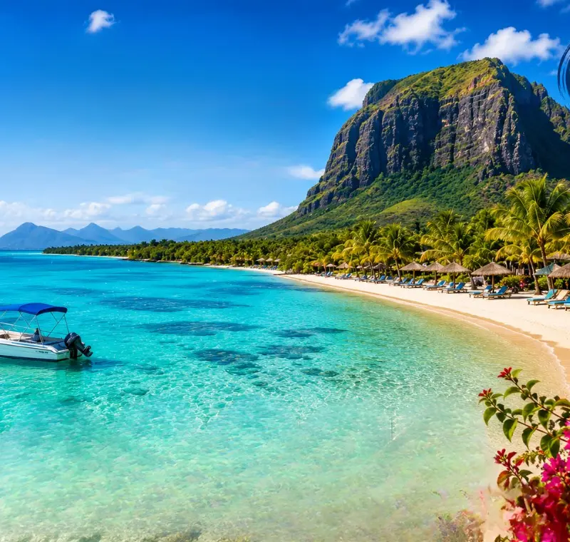 Mauritius beach with turquoise lagoon, palm-lined shoreline, luxury resort and Le Morne mountain in daylight