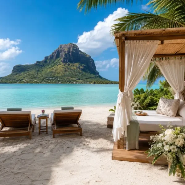 Mauritius honeymoon beach setup with luxury cabana, turquoise lagoon and Le Morne mountain in daylight