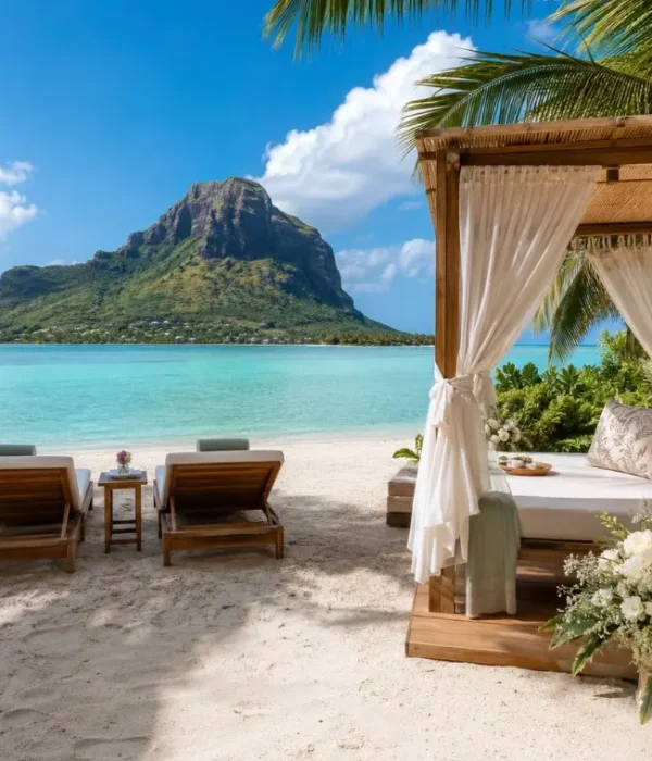 Mauritius honeymoon beach setup with luxury cabana, turquoise lagoon and Le Morne mountain in daylight