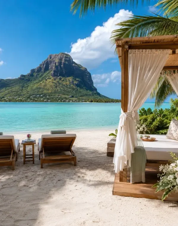 Mauritius honeymoon beach setup with luxury cabana, turquoise lagoon and Le Morne mountain in daylight