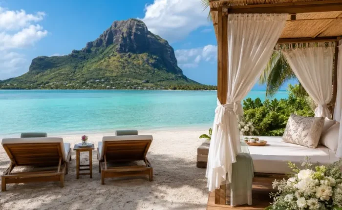 Mauritius honeymoon beach setup with luxury cabana, turquoise lagoon and Le Morne mountain in daylight