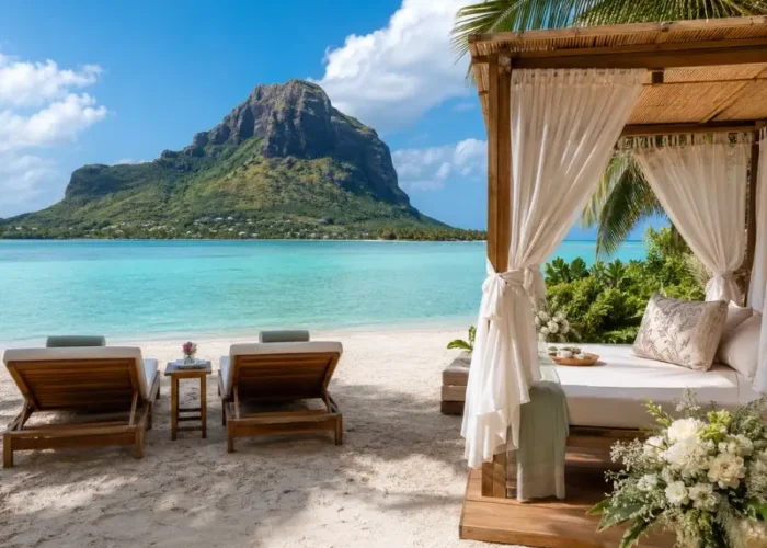 Mauritius honeymoon beach setup with luxury cabana, turquoise lagoon and Le Morne mountain in daylight