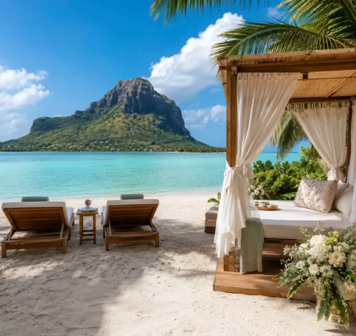 Mauritius honeymoon beach setup with luxury cabana, turquoise lagoon and Le Morne mountain in daylight