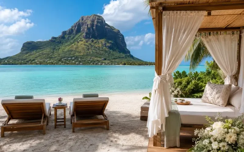 Mauritius honeymoon beach setup with luxury cabana, turquoise lagoon and Le Morne mountain in daylight