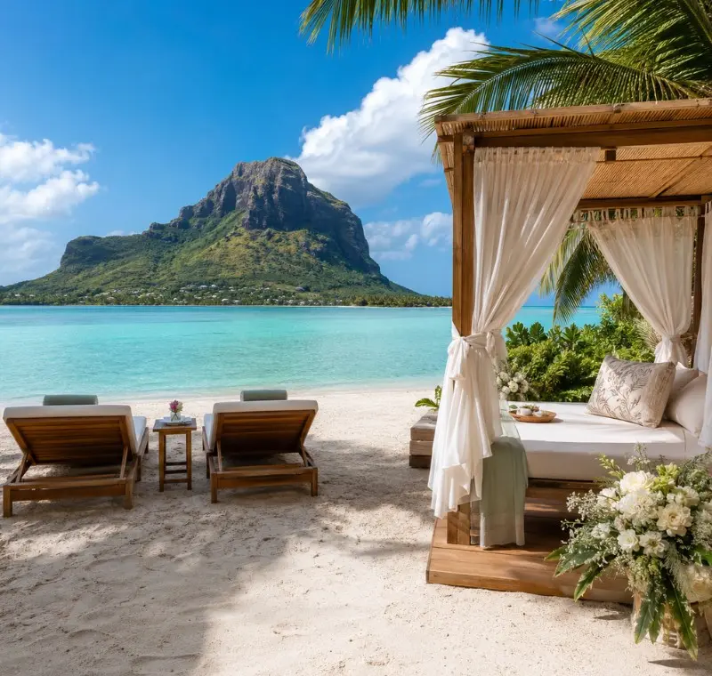 Mauritius honeymoon beach setup with luxury cabana, turquoise lagoon and Le Morne mountain in daylight