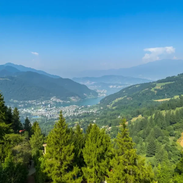 Scenic view of Nainital with green hills, pine forest, lake valley and peaceful Uttarakhand mountain landscape
