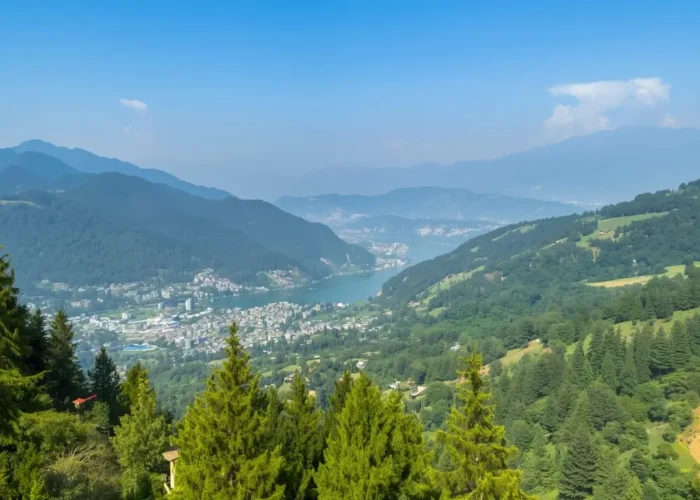 Scenic view of Nainital with green hills, pine forest, lake valley and peaceful Uttarakhand mountain landscape