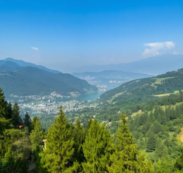Scenic view of Nainital with green hills, pine forest, lake valley and peaceful Uttarakhand mountain landscape