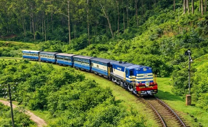 Scenic Ooty and Kodaikanal tour image featuring a blue hill train passing through lush green forest landscapes