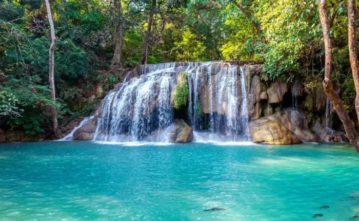 Pachmarhi hill station package image featuring a scenic waterfall and turquoise natural pool surrounded by lush forest