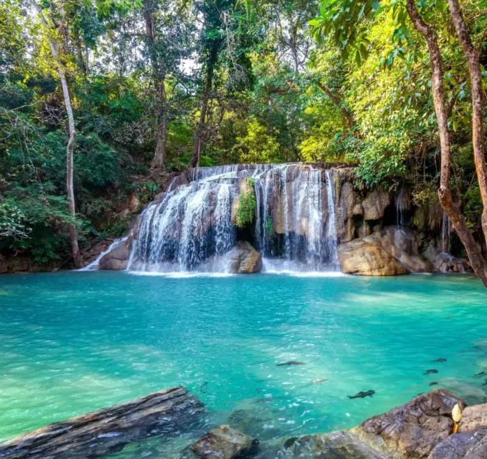 Pachmarhi hill station package image featuring a scenic waterfall and turquoise natural pool surrounded by lush forest
