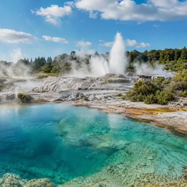 Bright daytime view of Rotorua geothermal pools with turquoise water, steam vents, geyser, and native greenery.