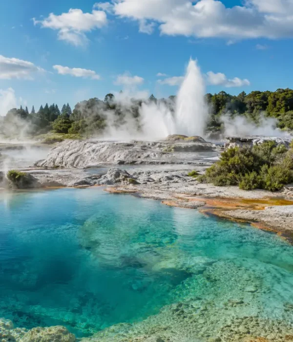 Bright daytime view of Rotorua geothermal pools with turquoise water, steam vents, geyser, and native greenery.