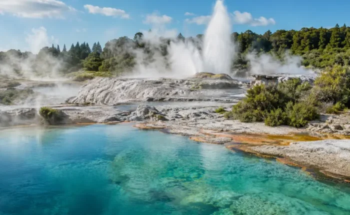 Bright daytime view of Rotorua geothermal pools with turquoise water, steam vents, geyser, and native greenery.